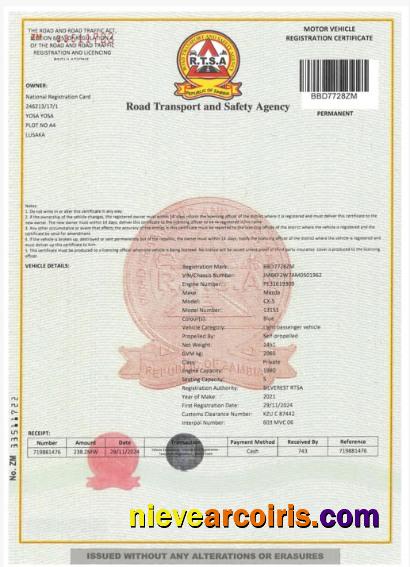 Zambia vehicle registration certificate